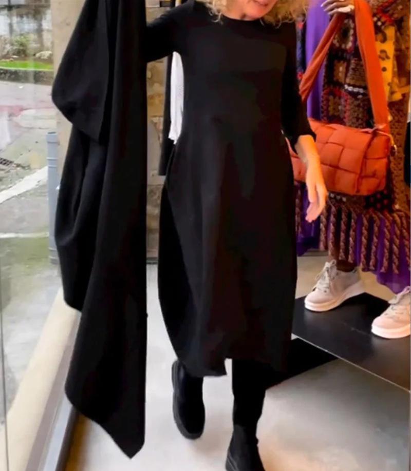 Herbst/Winter Einfarbig Langärmlig Lässiges Taschenkleid mit Rundhalsausschnitt