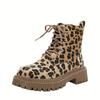 Women's Leopard Print Boots  Side Zip Comfortable Thick Bottom Flat Boots  Winter Round Toe Short Boots