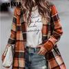Women Vintage Casual Winter Wool Long Sleeve Loose Coat Polo Neck Jacket Plaid Print Pocket Outerwear