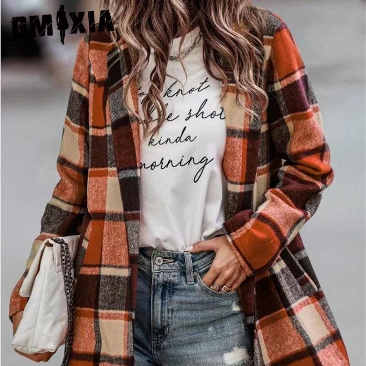 Women Vintage Casual Winter Wool Long Sleeve Loose Coat Polo Neck Jacket Plaid Print Pocket Outerwear