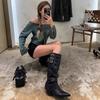 Cowhide Version~ Two-wear Pleated Stacked Boots Women's Retro Trousers Western Cowboy But Knee Boots Maillard