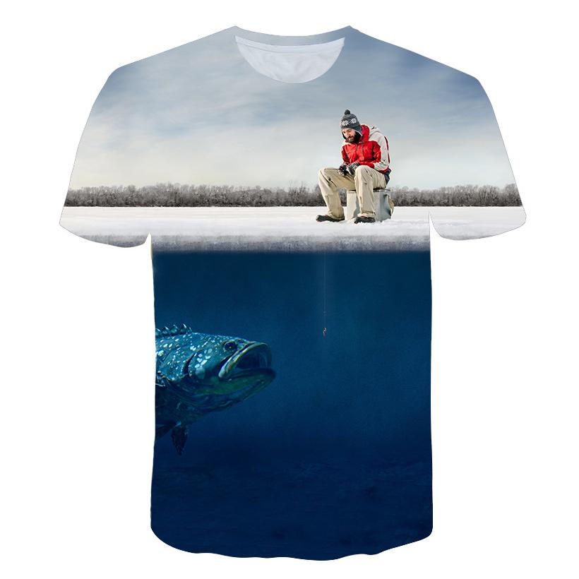 Sommar Rundhalsad 3D Roligt Fiskmönster Tryckt Topp Trendig och Avslappnad Lös Kortärmad Herr T-shirts