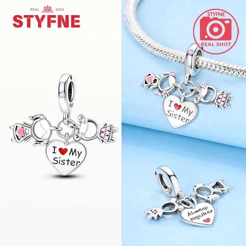 925 Silver Sisters On Swing Heart Charm Beads DIY Bracelet Fine Jewelry Gift for Women Sister Forever