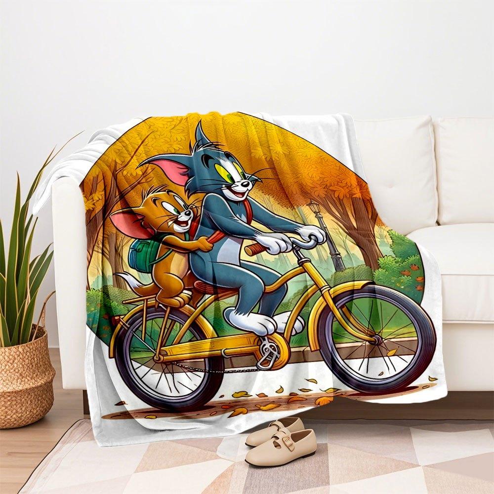 Tom & Jerry Bicycle Adventure PosterBlanket Flannel Throw Blanket for Sofa, Bed, Travel, Camping, Office