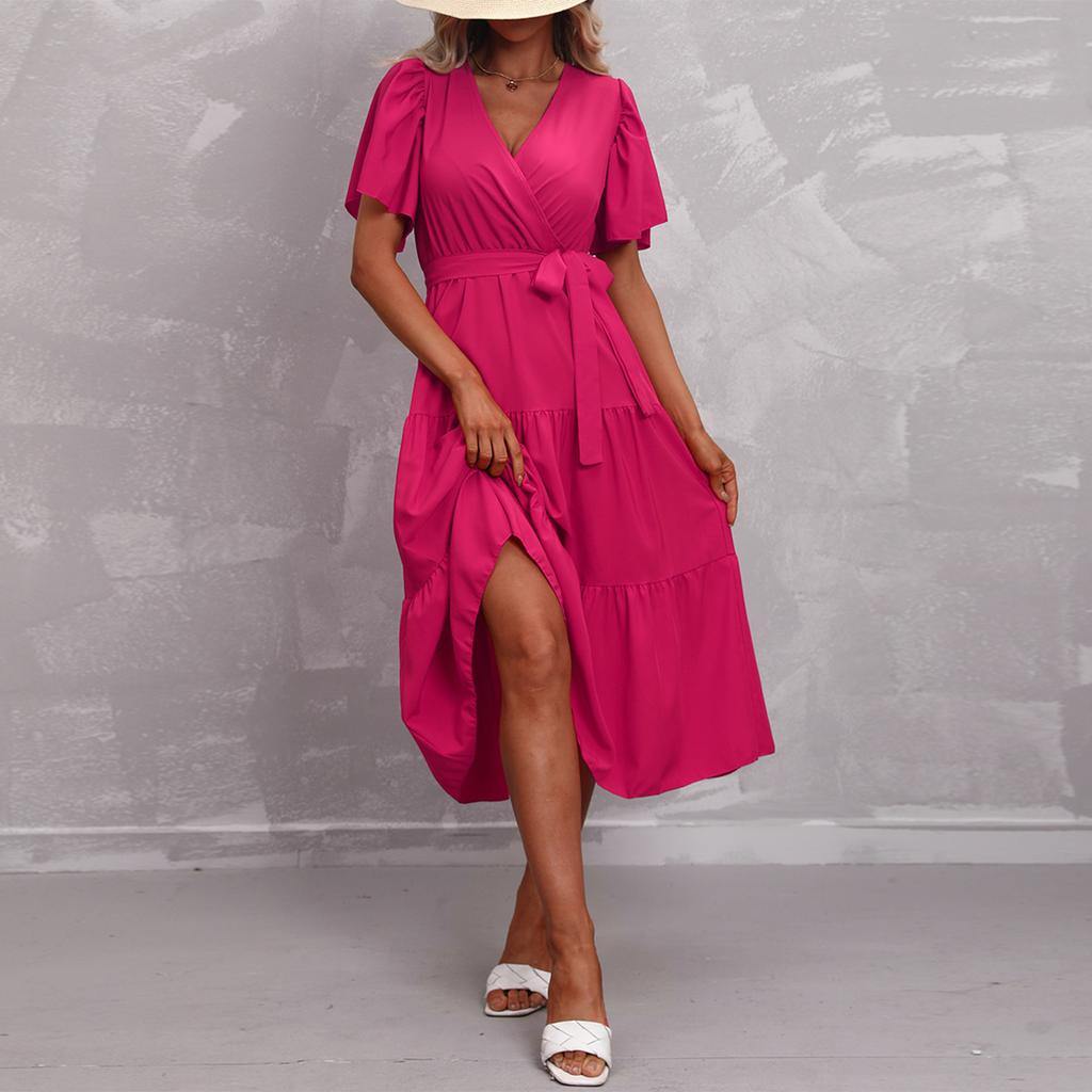 Modisches Damen Sommerkleid in Farbe mit V-Ausschnitt, kurzen Ärmeln und Bindung für den Strandurlaub