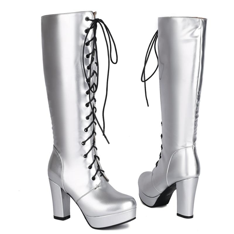 Røde Høye Støvletter til Knehøyde Dame Plattform Sexy Luksus Gull Sølv Blå Hæler Dame Vinter Høye Støvletter Festsko Damer Stor Størrelse 46