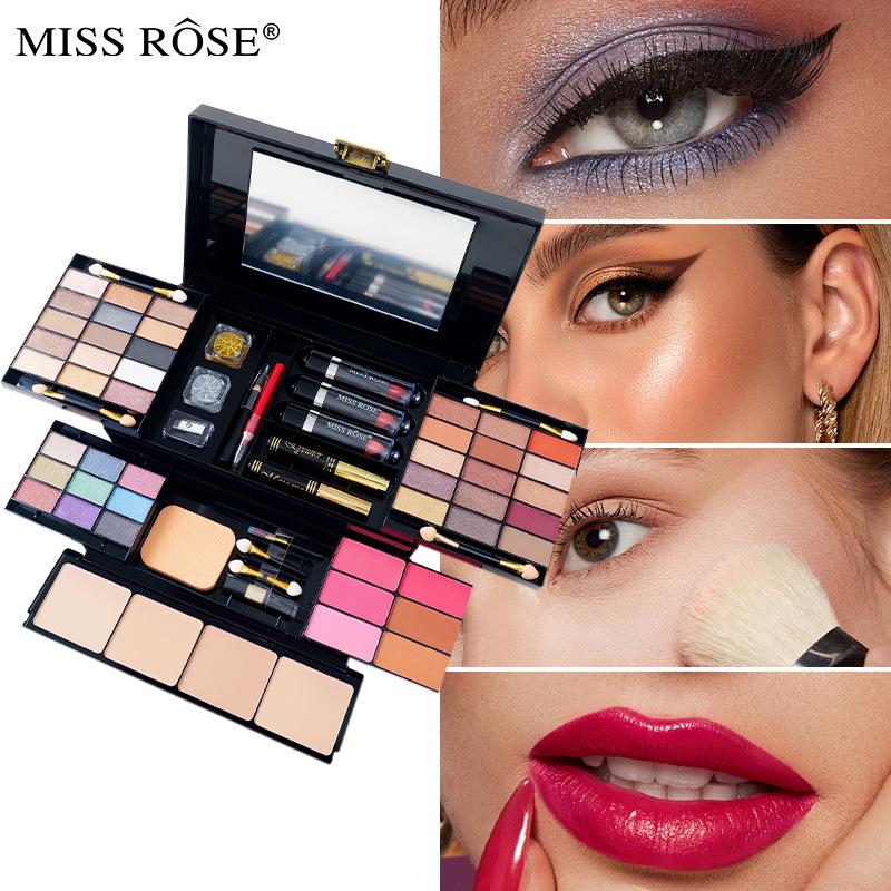 MISSROSE Makeup Palette Set: Eyeshadow, Lip Gloss, Lipstick, Blush, Concealer, Highlight, and Powder.