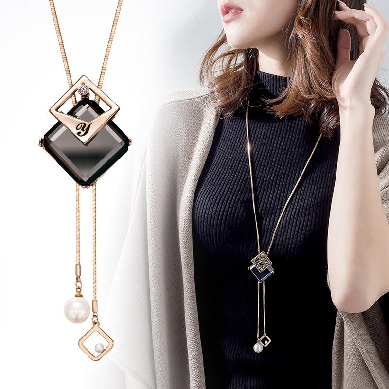 Korean Style Long Chain Necklace with Square Pendant - Ethnic Influencer Women's Accessory
