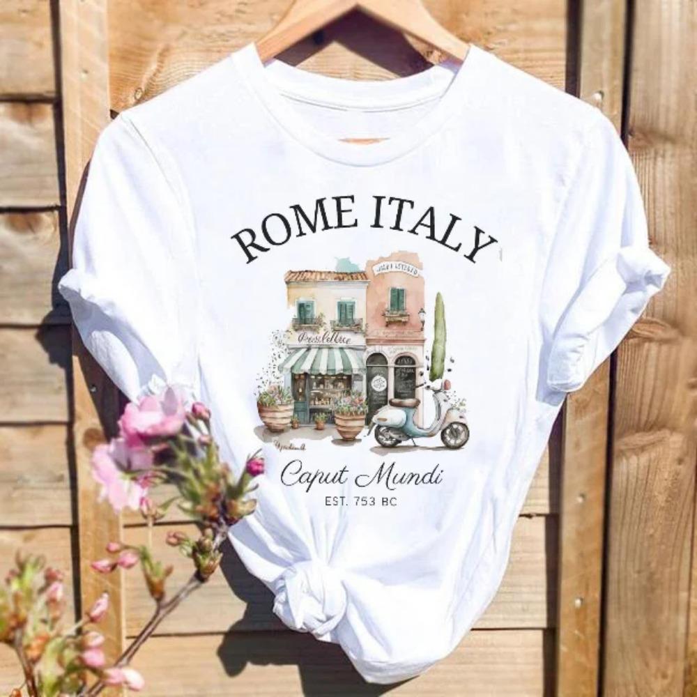 Watercolor Short Sleeve Printed Simple Casual Polyester T-Shirt T-Shirt Fashion Pattern Women's O-Neck T-Shirt