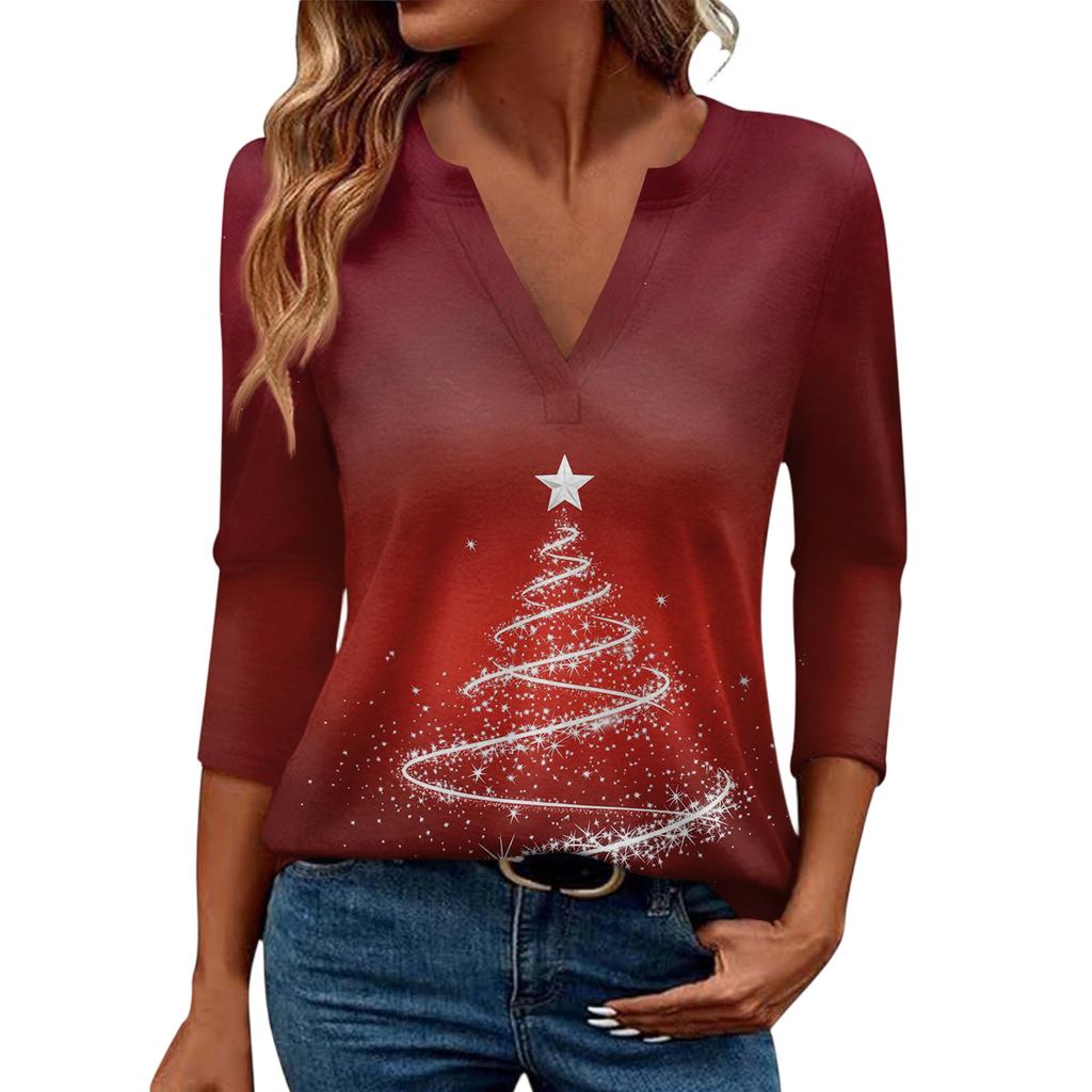 Women's Casual Fashionable Sexy Comfortable V-Neck Christmas Three-Quarter Sleeve Top