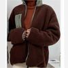 Neue Herbst- und Winter-Damen-Plüschjacke mit Stehkragen und Reißverschluss, Locker und Figurschmeichelnd, Farbblockierte Lammwolljacke