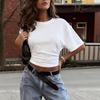 Summer Pleated Solid-color Round-neck Fitted Crop-top Slim-fit Short-sleeve Women's Dress