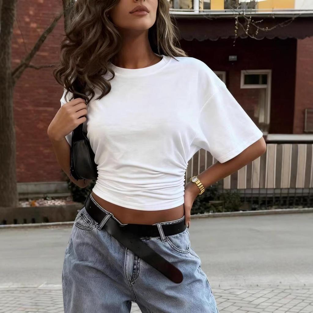Summer Pleated Solid-color Round-neck Fitted Crop-top Slim-fit Short-sleeve Women's Dress
