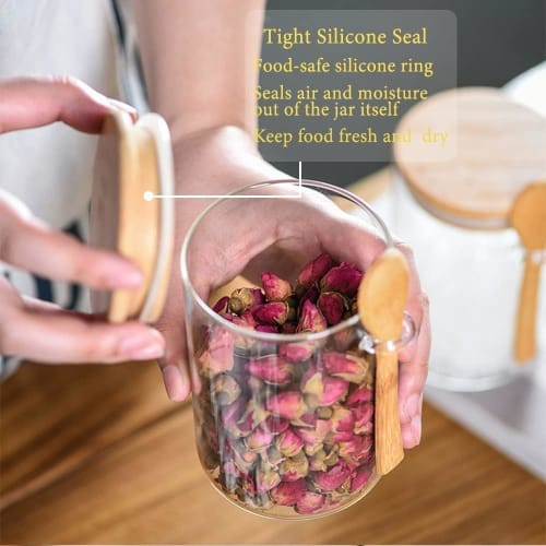 Glass Storage Container Tins with Airtight Lids and Spoons, Vacuum Food Storage Tins, Overnight Oats Canisters, Household Kitchen Tins for Coffee Bean