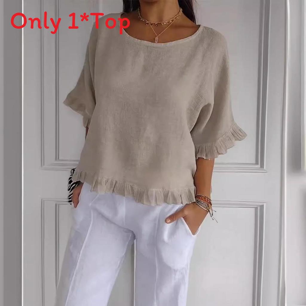 T-shirt Basic Estiva da Donna in Cotone e Lino, Vestibilità Larga, per Uso Casual