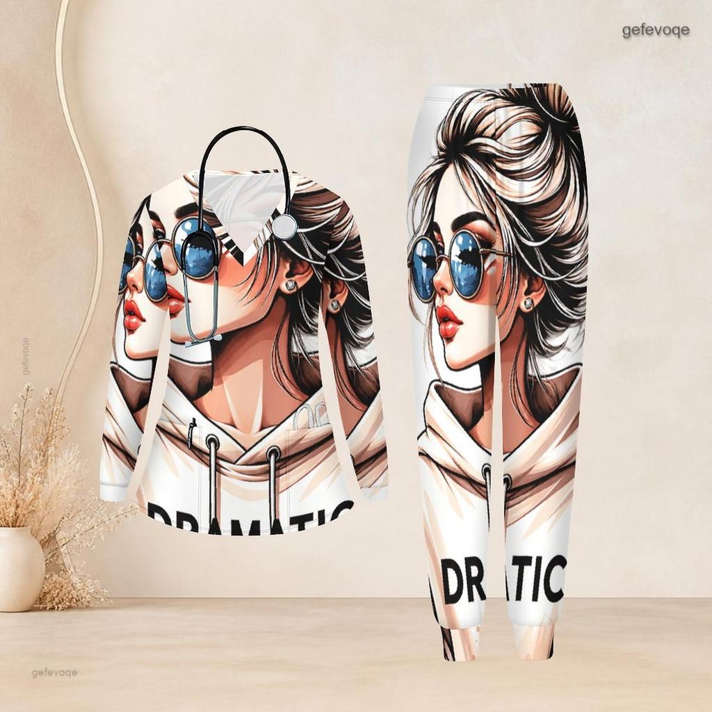 Women Plus Size V Neck Long Sleeve Scrub Set Fashion Afro Lady Art Text Print Nurse Uniform Set