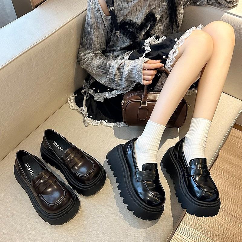 Platform Women's New Shorty Le Increases the Height of British Small Leather Shoes, Black One-pedal Single Shoes