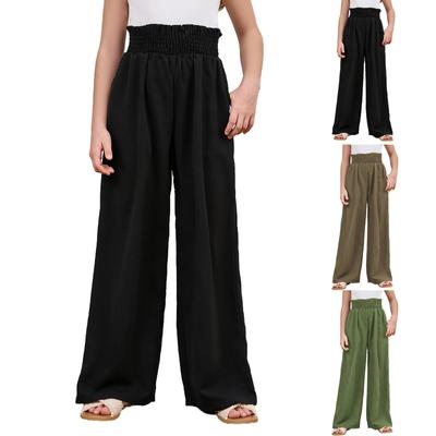 Mädchen Hose aus Leinen mit hoher Taille und gesmoktem Paperbag-Muster, weites Bein, lange Hose