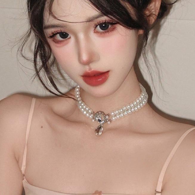 Colier dublu strat cu strasuri coreene, picătură de apă și perle: Lanț Claviculă Luxos