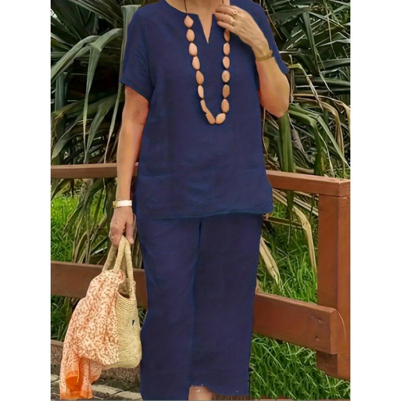 Damen Leinen Kurzarm Top und Weite Hosen Set in Hellgrau, Schwarz und Weinrot