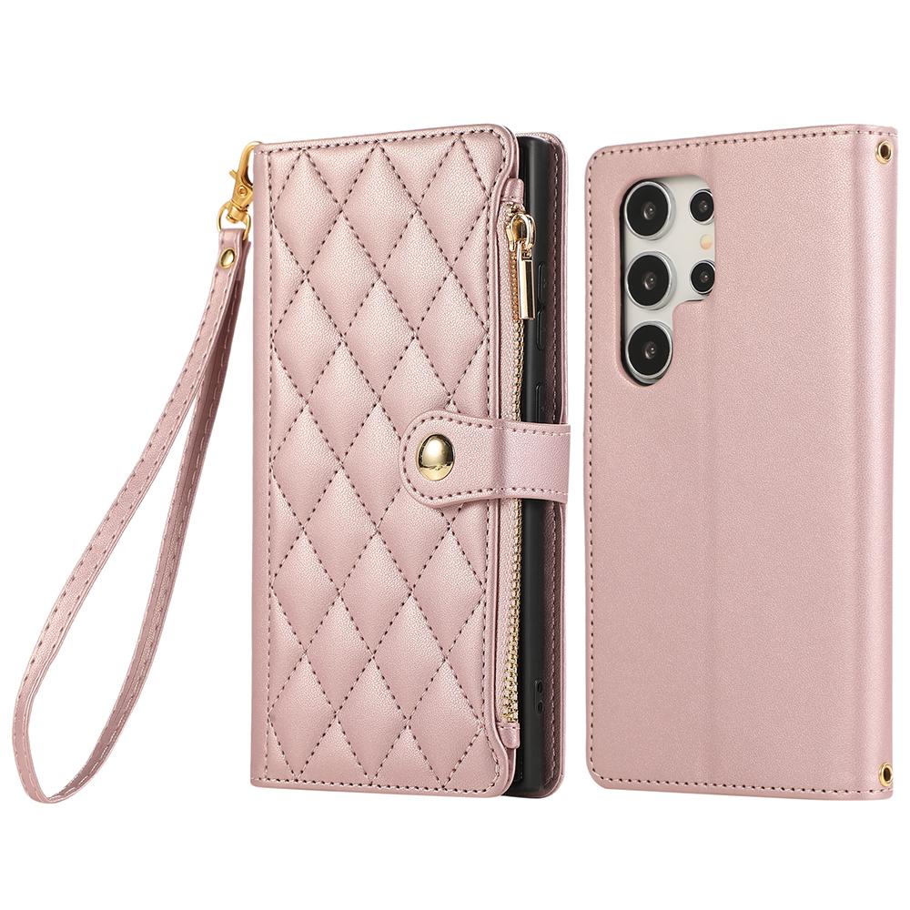 For Samsung Galaxy S24 Ultra Case Multi Card Slots Zipper Rhombus Leather Phone Cover with Wrist Strap