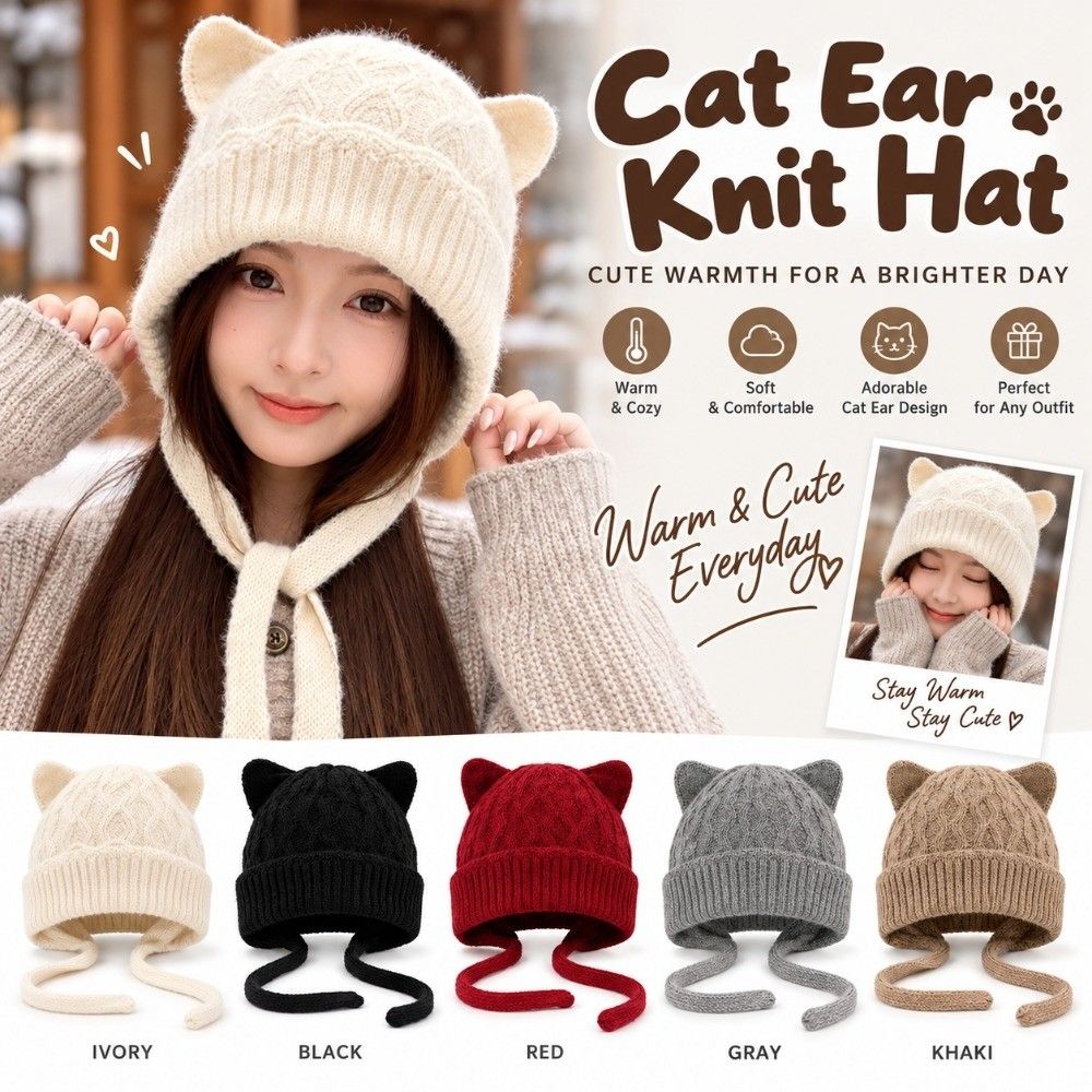 Warm Knitted Cat Ear Knit Hat 3D Cat Ear Head Cover Korean Style Soft Beanie Winter Commuting