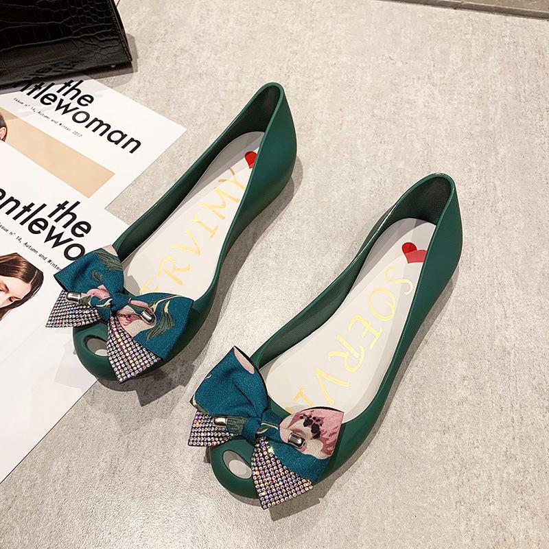 Fashion Sexy Peep Toe Mixed Color Silk Bow Flats Women Candy Color Jelly Shoes Double Layer Bowtie Ballet Shoes Summer Beach Shoes