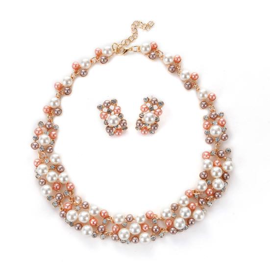 Elegant Rose Gold Plated Faux Pearl Crystal Inlay Collar Necklace Earrings Set