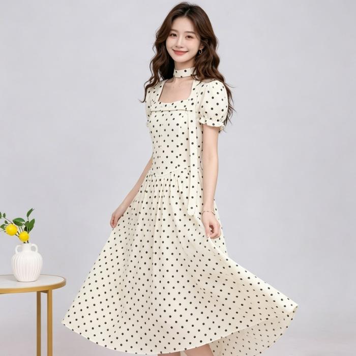Summer new A-shaped skirt, soft French square collar polka dot dress, long dress, thin, sweet girl style long skirt S