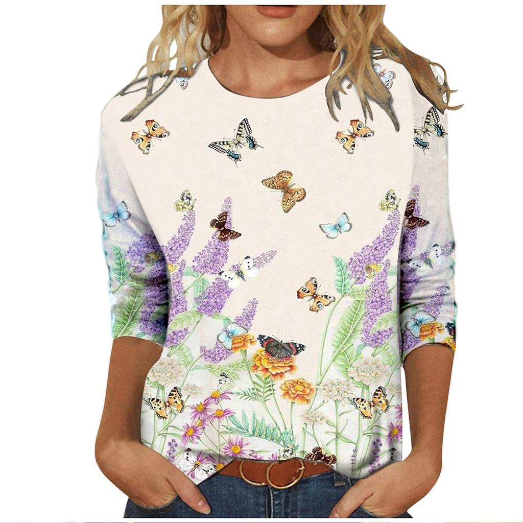 3D Floral- und Schmetterlingsdruck Lässige Langarm-Damen-T-Shirts - Weicher, mittelelastischer Polyesterstoff Frühling und Herbst Relaxed Fit Kleidung