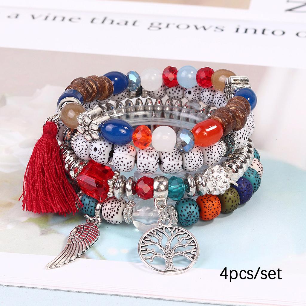 Bohemian Beaded Bracelet Set, Women's Stackable Stretch Bracelets with Tassel & Wing Charm