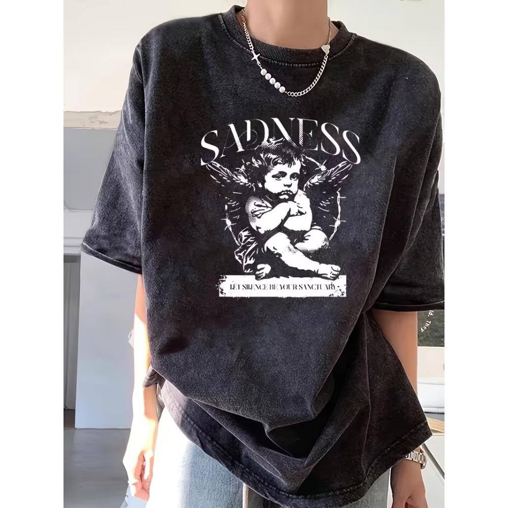 Washed Cotton Vintage Angel Print T-Shirt Retro Cherub Graphic Tee Loose Short Sleeve for Streetwear Daily Wear S