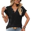 Ladies Summer Short Sleeve Button V Neck Casual Solid Color Lace Hollow Pullover Blouse Shirt Top
