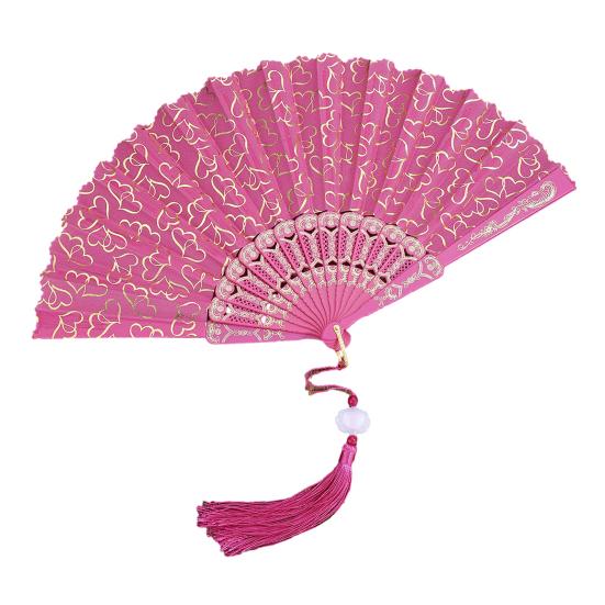 Love Heart Print Folding Fan with Tassel Chinese Style Portable Hollow Ribs Hand Fan Women Dance Performance Props Party Favors