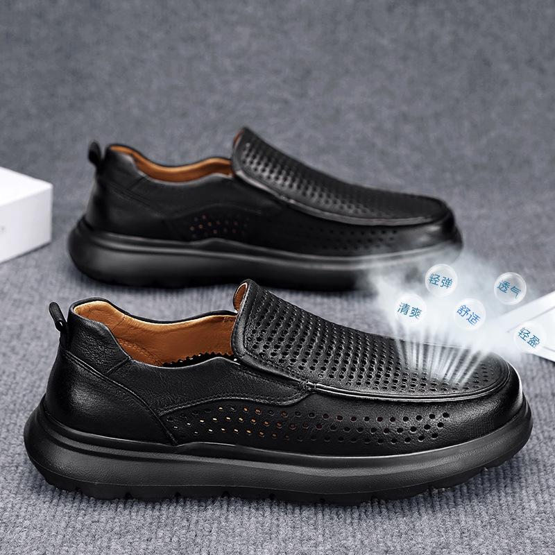 Summer Punched, Breathable and Non-smelly Feet Casual Leather Shoes Plain Black Leather Sandals