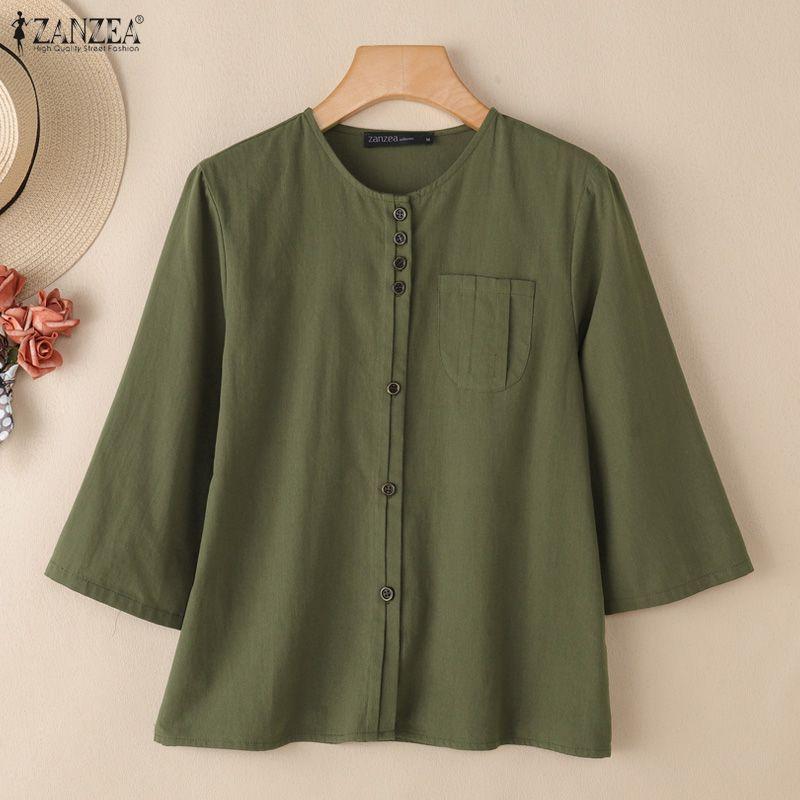 ZANZEA Lässige Damenbluse mit Rundhalsausschnitt und 3/4-Ärmeln, lockere Baumwollbluse