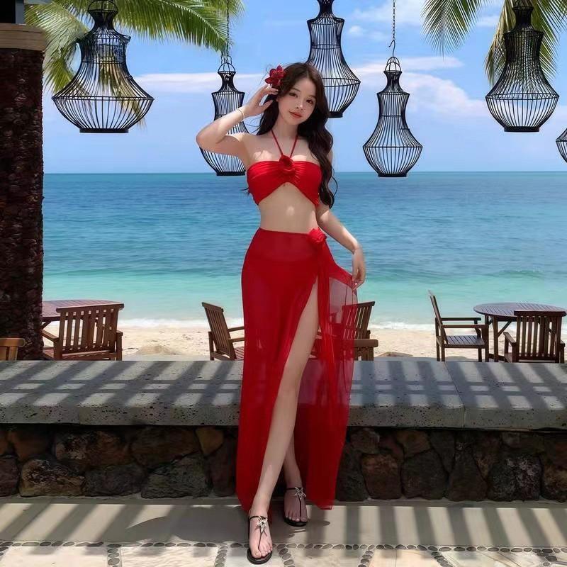 Bikini Swimsuit Feminine Split Red Three-piece Beach Play