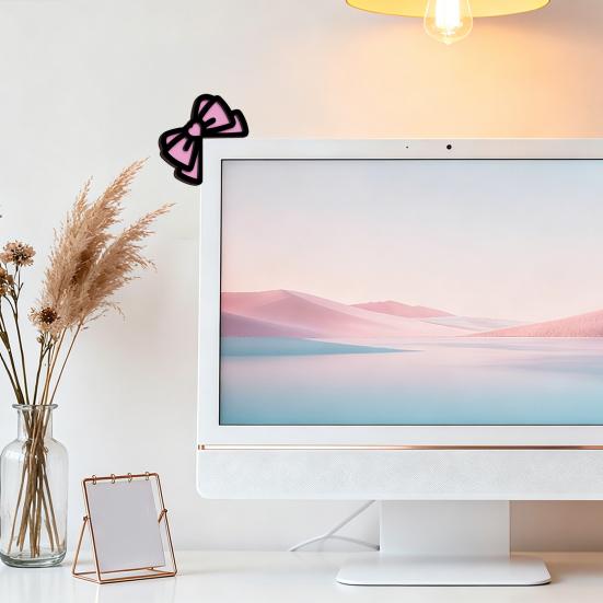 Rosa Schleifen Computer Monitor Dekoration, 2D Holzschleifen Dekorationen für Frauen, Mini Süße Computer Zubehör für Home Office Dekoration