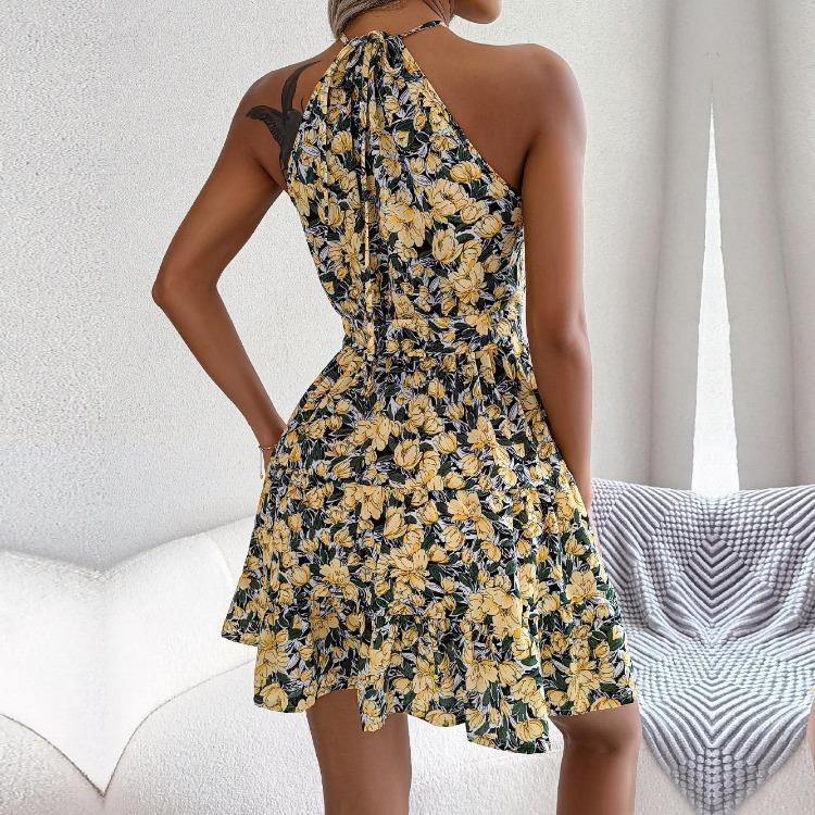 Summer Holiday Floral Long Dress Halter Neck Tie Open Backless Irregular Design Party Dress Spring Summer S-XL