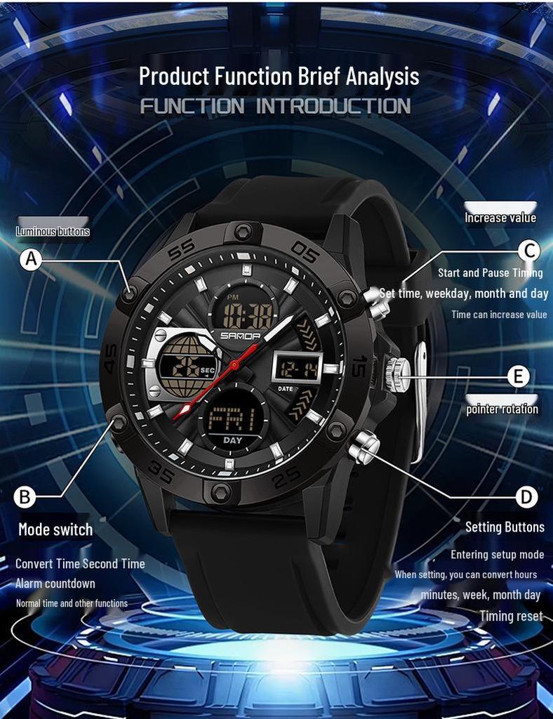 SANDA 3D Multifunction Sports Watch – 3 Time Zones, Waterproof, Student Wristwatch