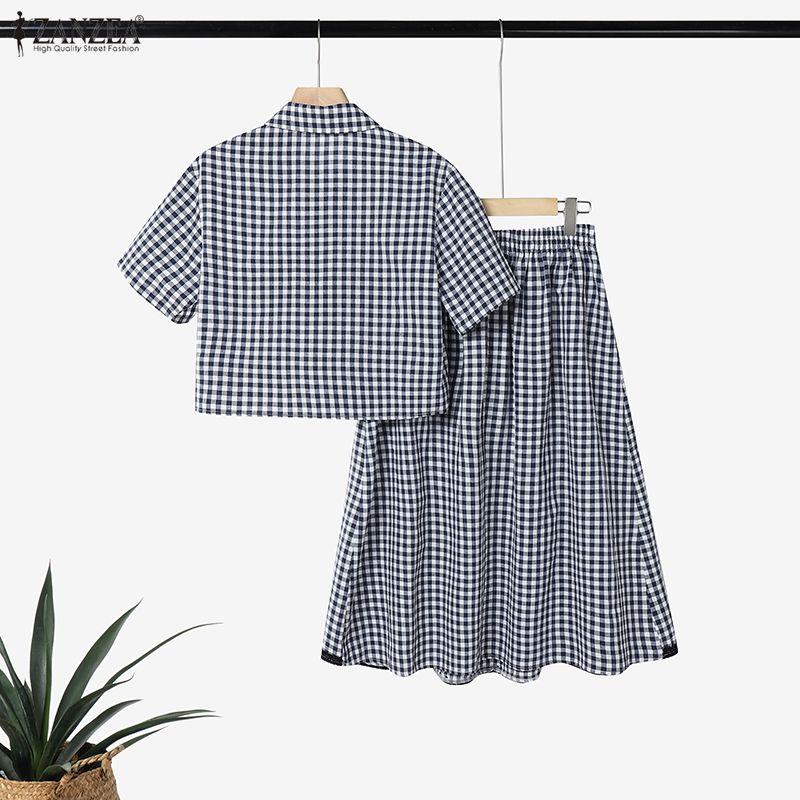 ZANZEA Women Short Sleeve Blouse and Long Skirts Plaid Print Two Piece Suit Sets