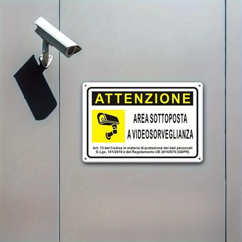 Vintage-Style Reflective Video Surveillance Metal Sign - Wall-Mounted, 20.32x30.48 Cm, Dual-Language English & Italian, Ideal Fo