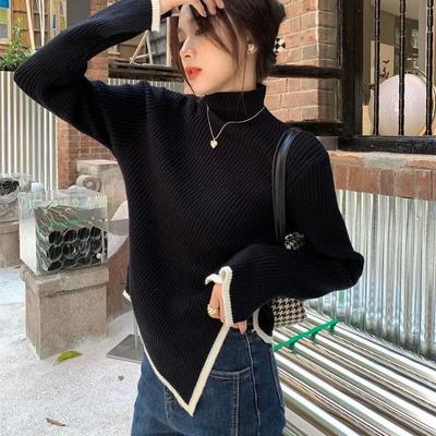 Herbst Winter High Neck Base Pullover Rollkragen Seitenschlitz Pullover Frauen Stil Top Selbst-Anbau Pullover Ärmel Schlank Sexy Kurzen Pullover