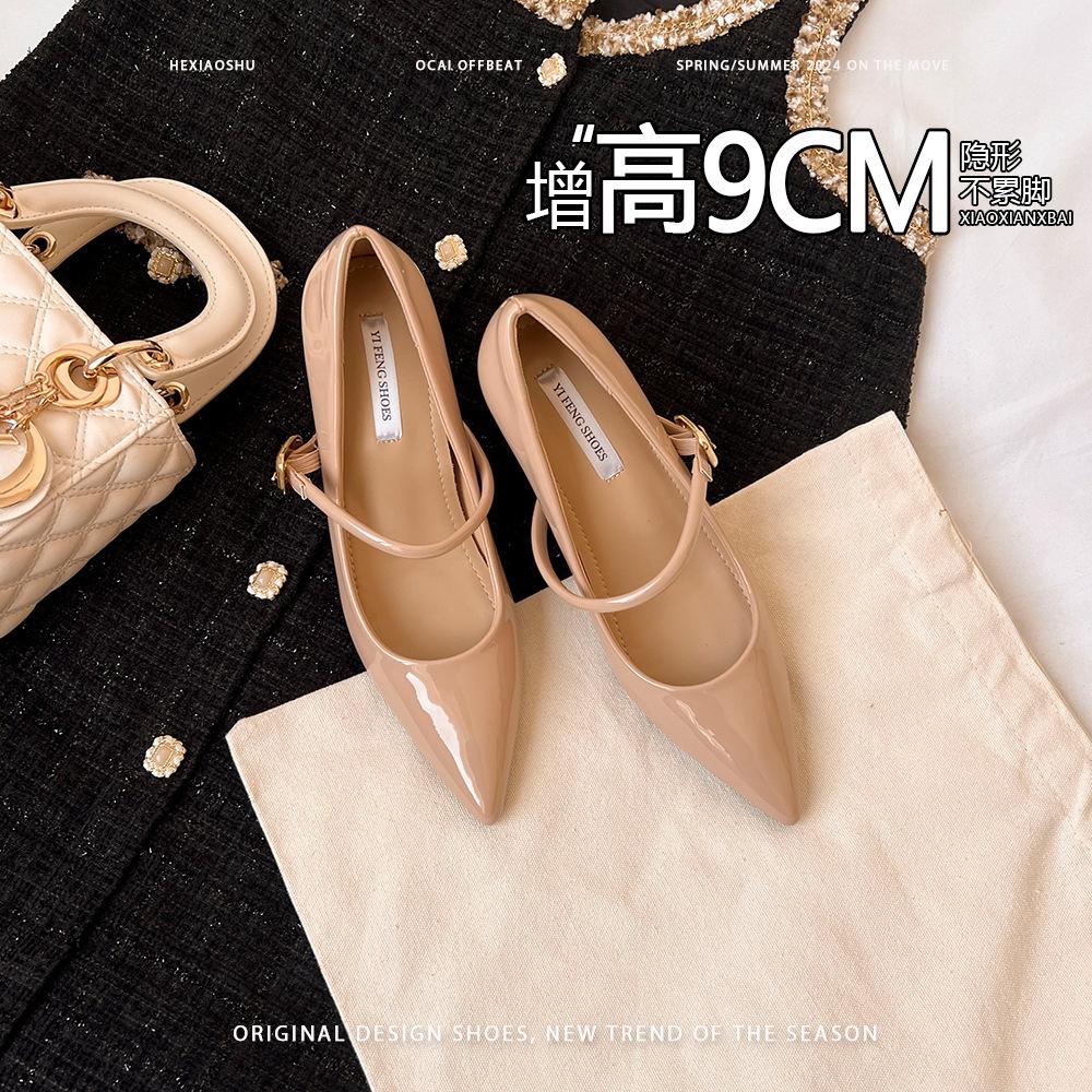 Sheepskin Version~ Inner Height Increase 9cm Pointed High Heels French Gentle Evening Wind Thick Heel Mary Jane Shoes Women's Single Shoes