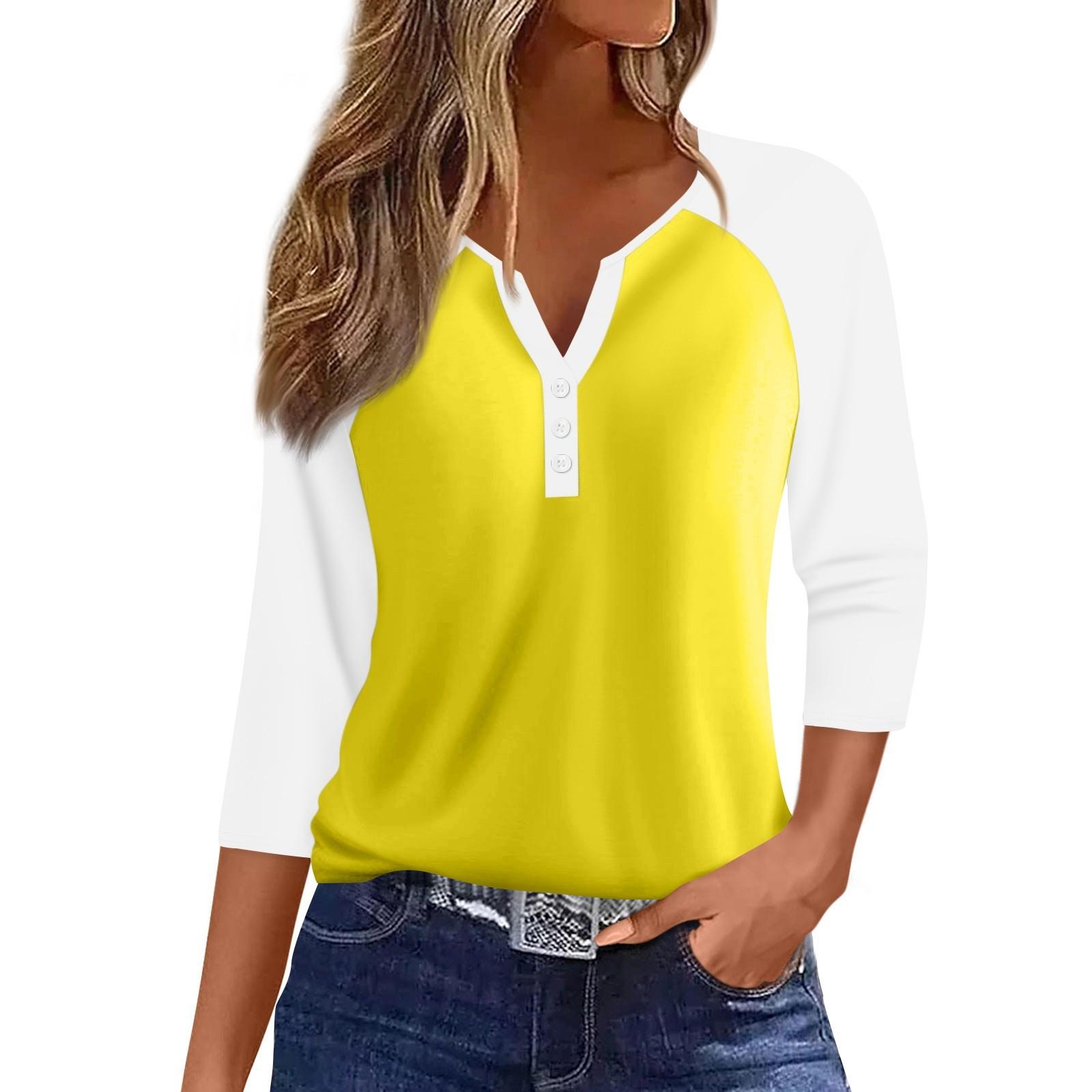 

Женская мода повседневная футболка с рукавами реглан, колор-блок, V-образным вырезом, рукавами три четверти, декоративными пуговицами M жёлтый