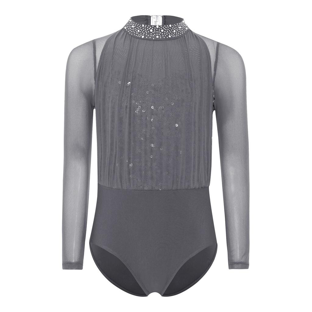 Girls Dance Leotard Long Sleeve Keyhole Back Design Sequins Rhinestones Sheer Mesh Figure Skating Outfit