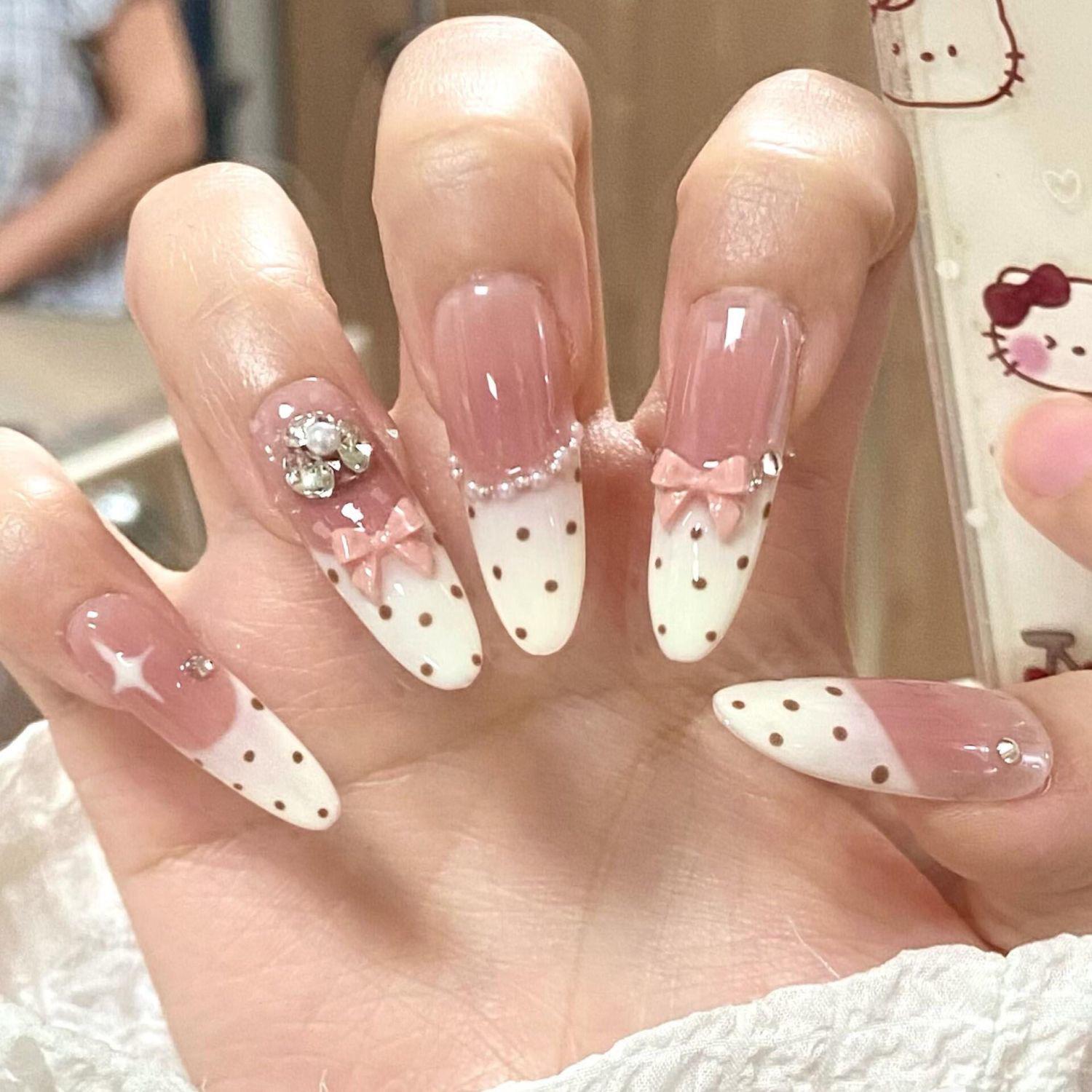 

Sweet Milk Mousse Cake Nails: Cute Strawberry Polka Dot, Handmade Wearable for Brightening Autumn/Winter Medium