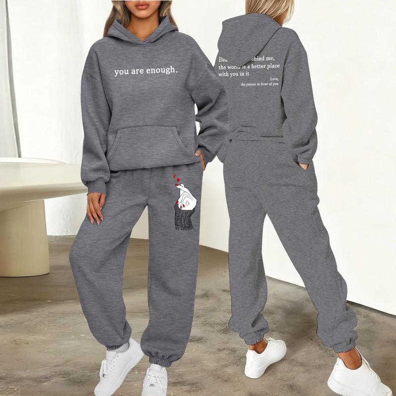 Womens Printed Letter Hooded Sweatshirt Jogger Pants Set Winter Casual Sportswear Outfit
