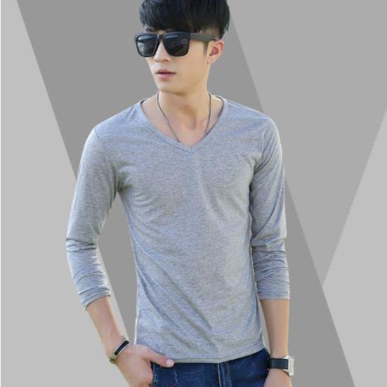 Long Sleeve Men's T-Shirt Slim Fit V-Neck Casual Solid Color Tee Bottoming Top