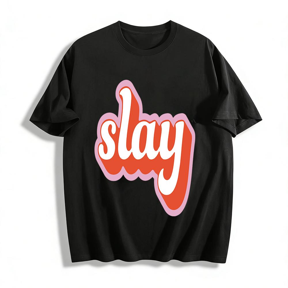 Women s Retro Slay Slogan Print T Shirt Casual Loose Fit Crew Neck Cotton Top For Streetwear Pure cotton T-shirt XXS